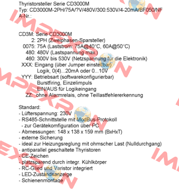 CD3000M 2PH/75A/480V/480V/300:530V/4-20mA/BF008/NF/IM CD AUTOMATION